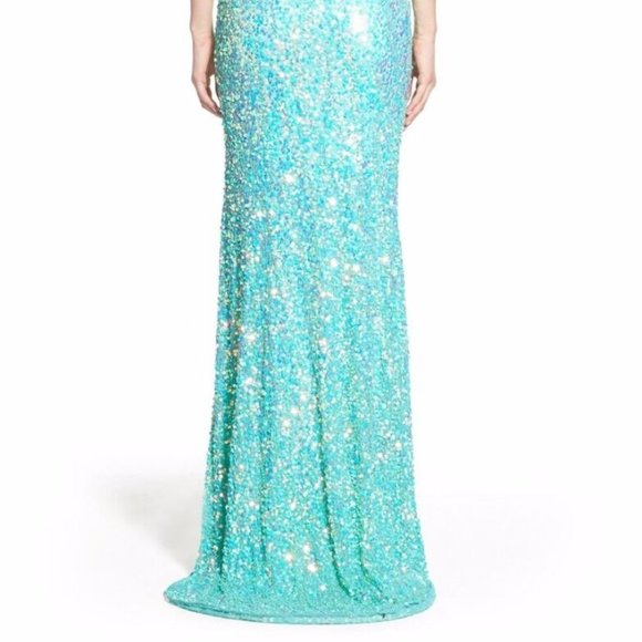 MAC DUGGAL SEQUIN CUTOUT ONE SHOULDER CRYSTAL MINT GOWN sz 10 - Picture 6 of 7